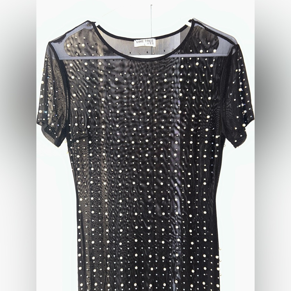 NWOT Elegant Black Sheer Dress with Pearl Detail - Picture 2 of 5